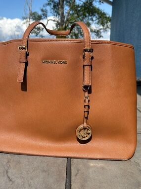 Michael Kors Tan Leather Laptop Tote with Gold Logo Charm
